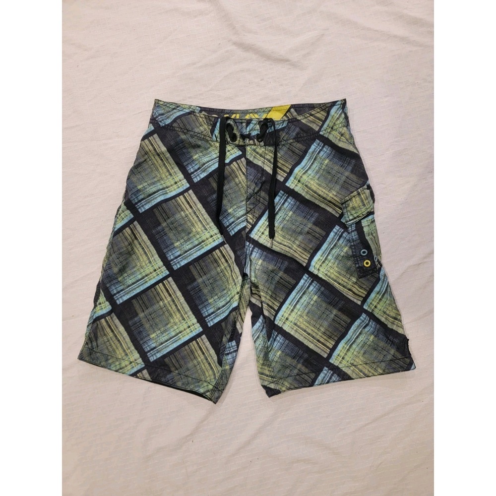 Oakley Board Shorts Men 33 Plaid Geometric Surf Swim Trunks Y2K W/ Wax Comb